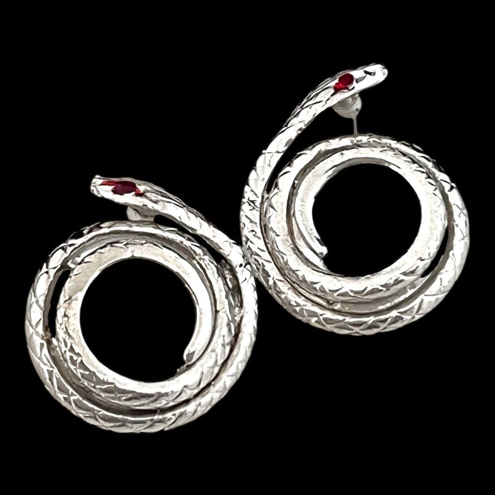Vintage 1980s Snake Earrings Silver Tone Red Eyes Figural Pierced - 7J